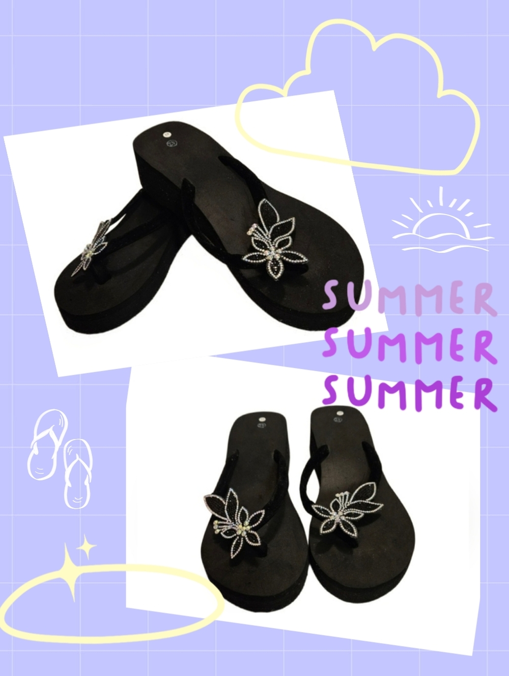 Shein Black Sandals with Rhinestone Flower Size 9 - 42 EU